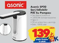 ASONİC SP20 ŞARJ EDİLEBİLİR PİLLİ SU POMPASI